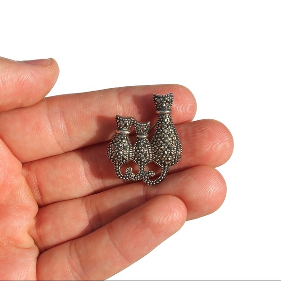 Vintage Cat Trio Marcasite Sterling Silver Brooch - Picture 5 of 5